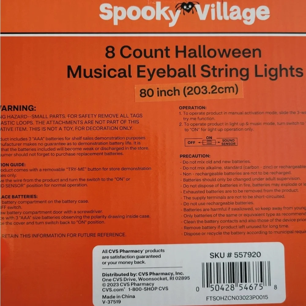 2x Spooky Village 8 Count Halloween Musical Sound Effects Eyeball String Lights